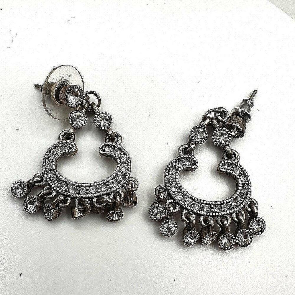 Vintage 80s Silver Tone Chand Dangle Drop Earrings Rhinestone Statement Jewelry